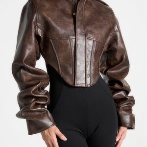 Manière De Voir Dark Brown Cropped Leather Jacket